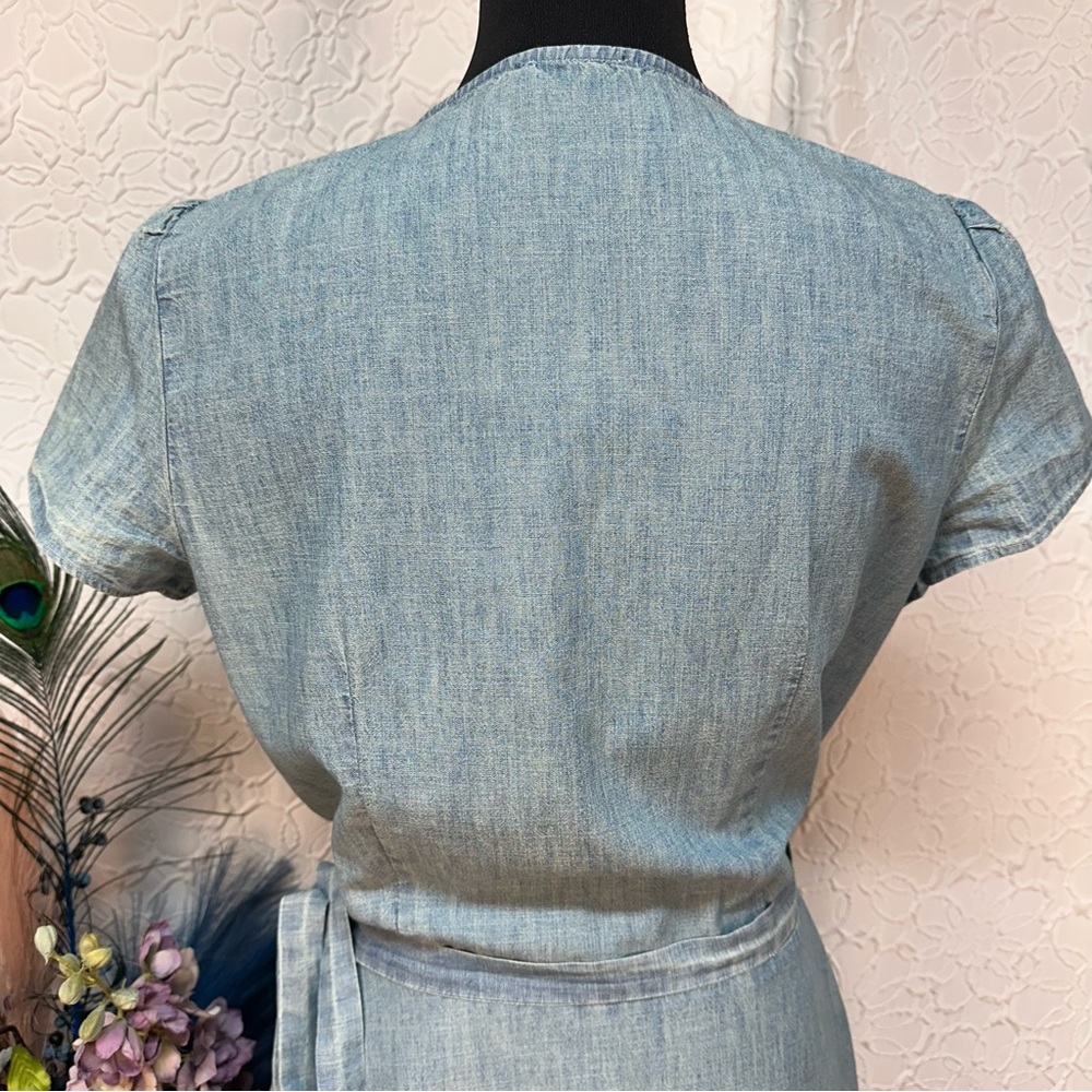 POLO Ralph Lauren🩵 Chambray Blue Wrap Midi Ruffle Tie Dress (10) - Picture 10 of 16